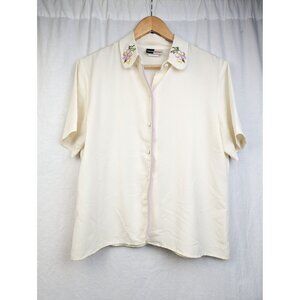 Lucia Petites Women's Ivory Floral Embroidered Collar Shor Sleeve Blouse Sz 10P